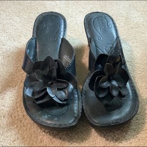Born Black Leather Flower Thong Slip-On Sandals